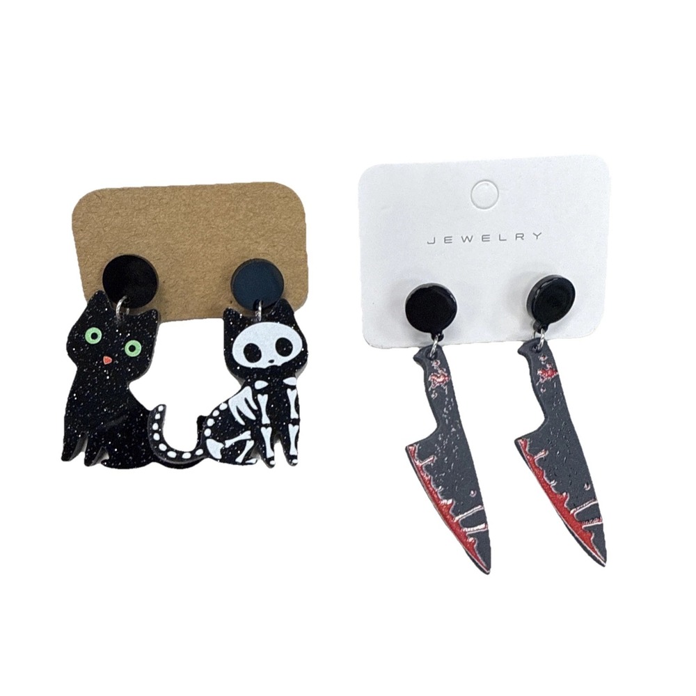 Black Cat Skeleton Knife Blades Lot‎ 2 Halloween Acrylic Earrings E2-4